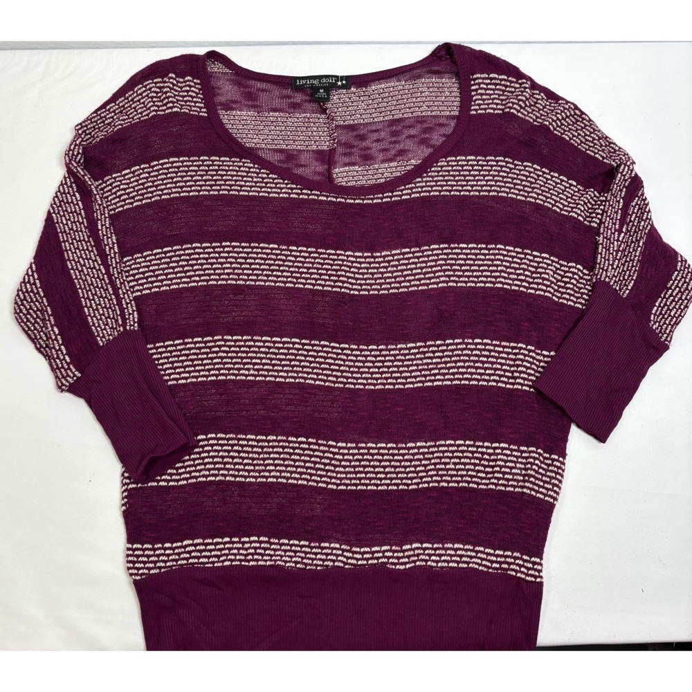 Living Doll Top Womens M Purple Rayon Blend Knit Striped Boho Dolman Sleeve Chic